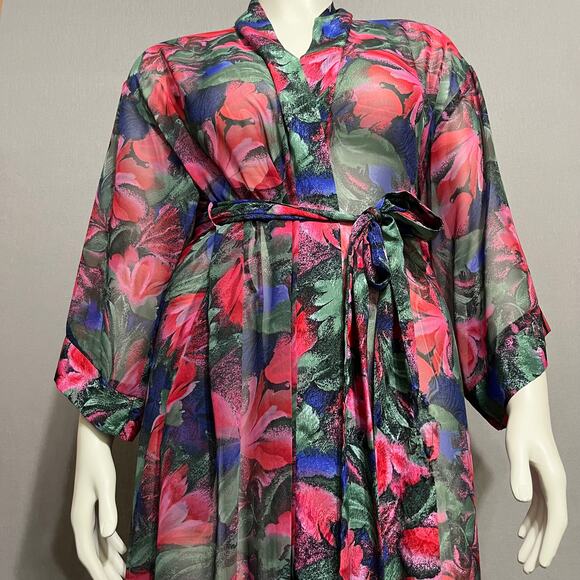Vintage Georgette Trabolsi Floral Pink Purple Sheer Robe Sz-Small/Medium - Picture 5 of 11